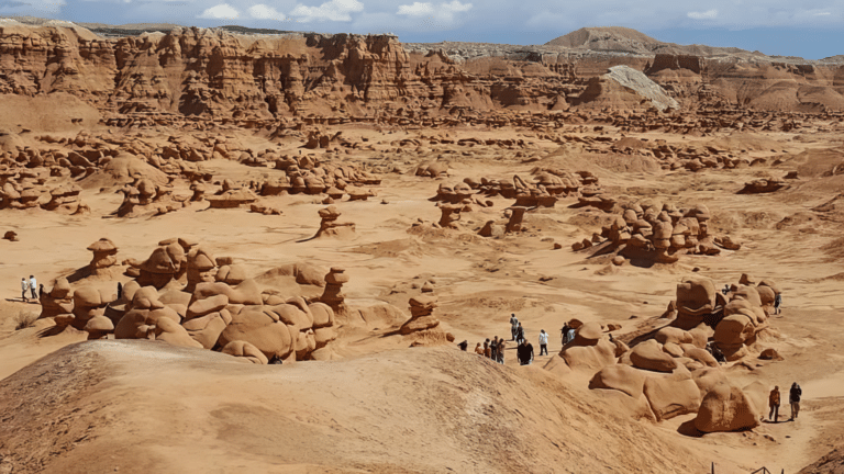 Wide shot of Desert with students hiking through it